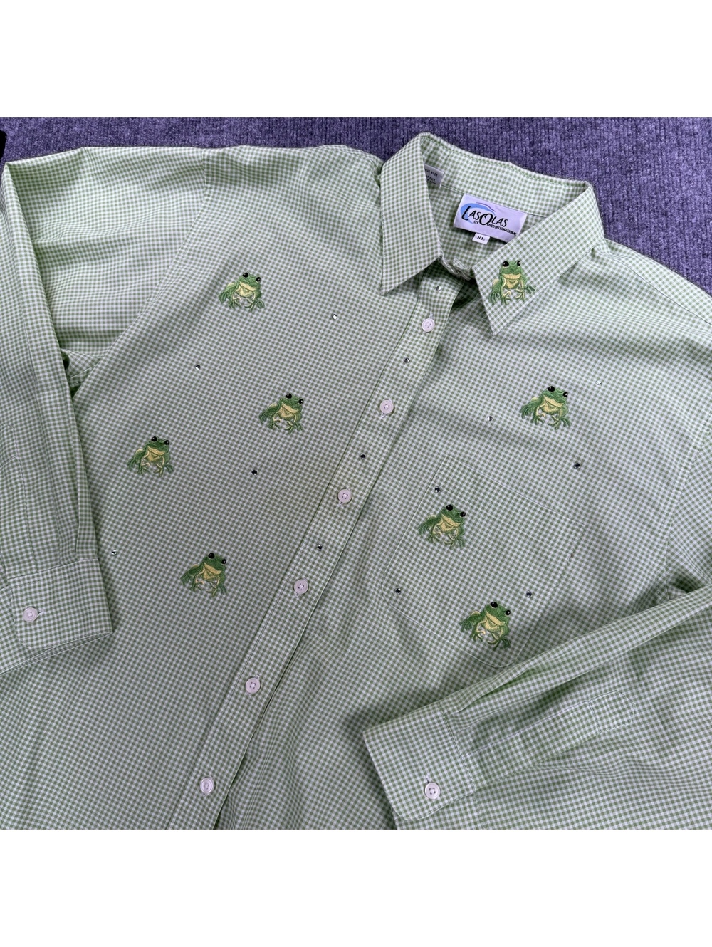 Las Olas Checkered Whimsical Cottagecore Shirt Frog Embroidery XL Y2K era